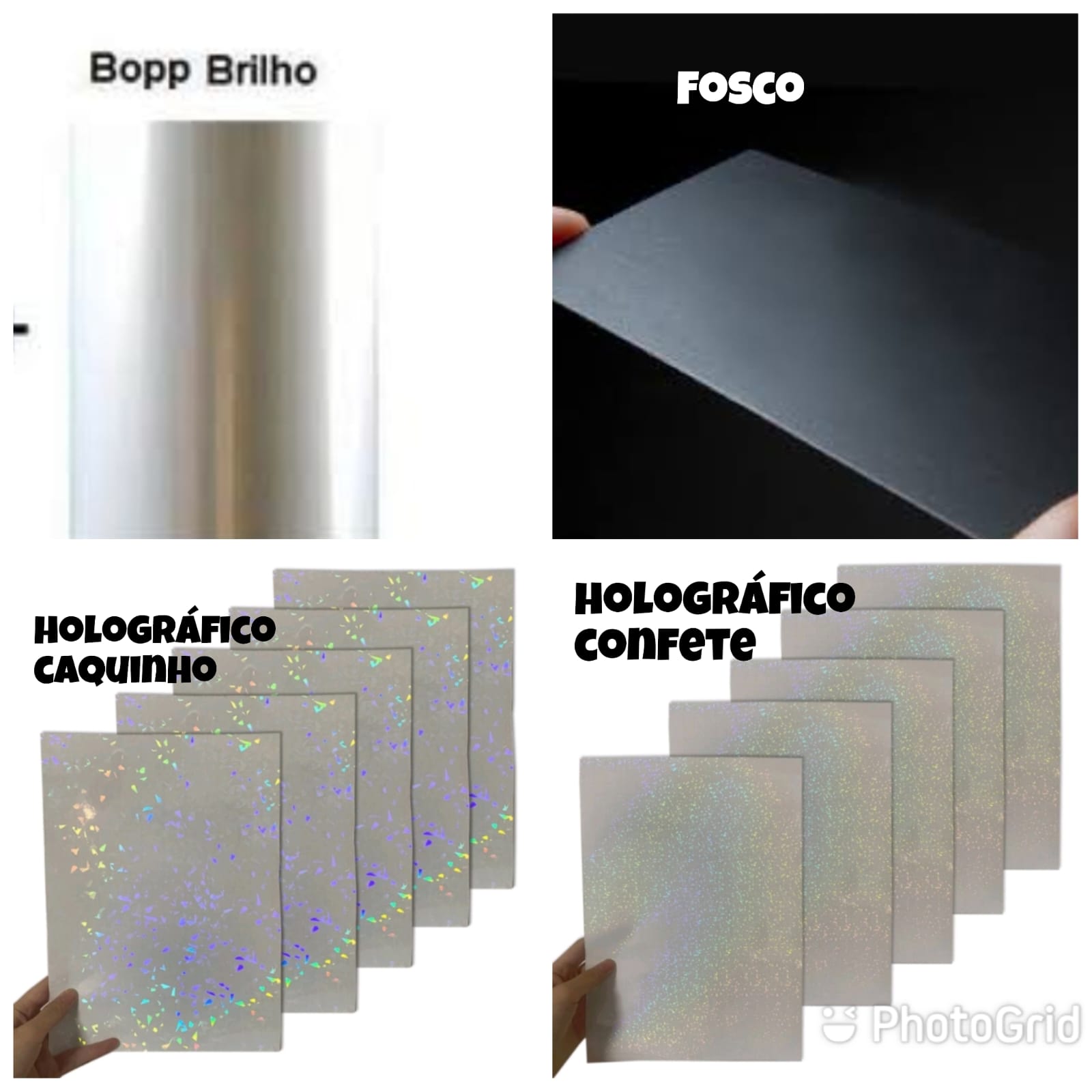 Acabamentos brilhante, fosco, holográfico caquinho e confete