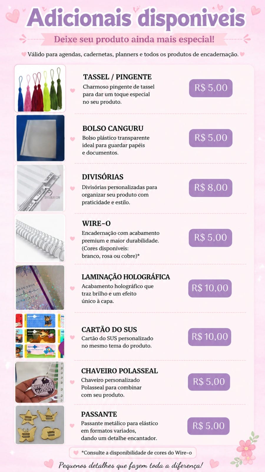 Adicionais disponíveis para encadernações