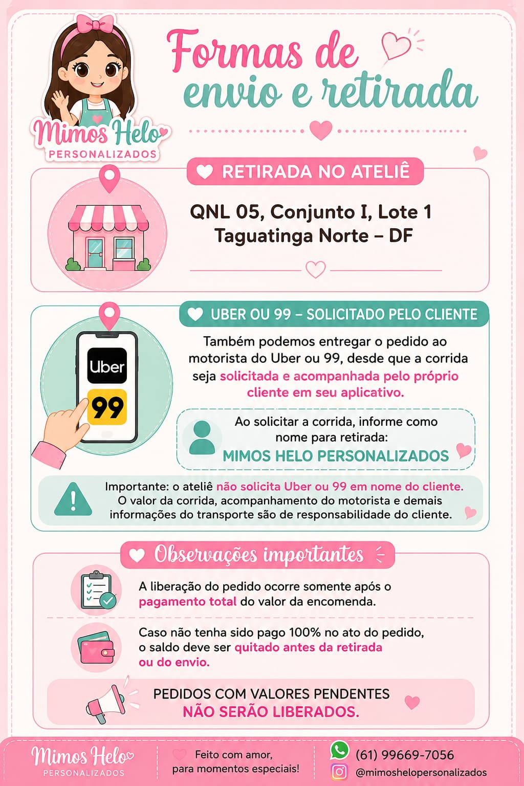 Formas de envio e retirada no ateliê